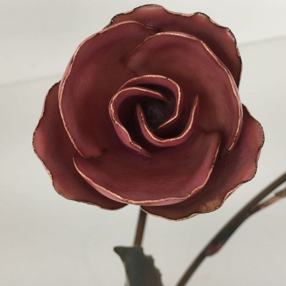 Enameled Copper Metal Rose Flower Sculpture Figurine on Quartz Rock Crystal Base - Picture 3 of 12